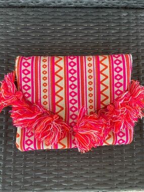 Mud Pie Boho Tassel Foldover Clutch Woven Pink Orange Tribal Handbag Purse